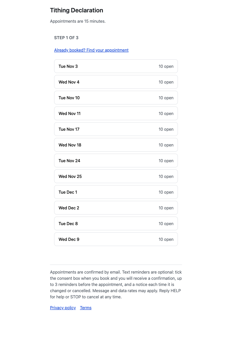The scheduling page as it first loads, listing available dates, with the full text message disclosure and links to the privacy policy and terms at the bottom.