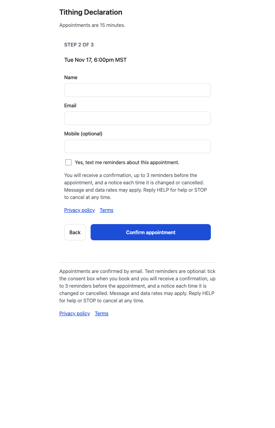 The booking form showing name, email, an optional mobile number field, and an unchecked consent checkbox reading Yes, text me reminders about this appointment, with the full disclosure directly beneath it.
